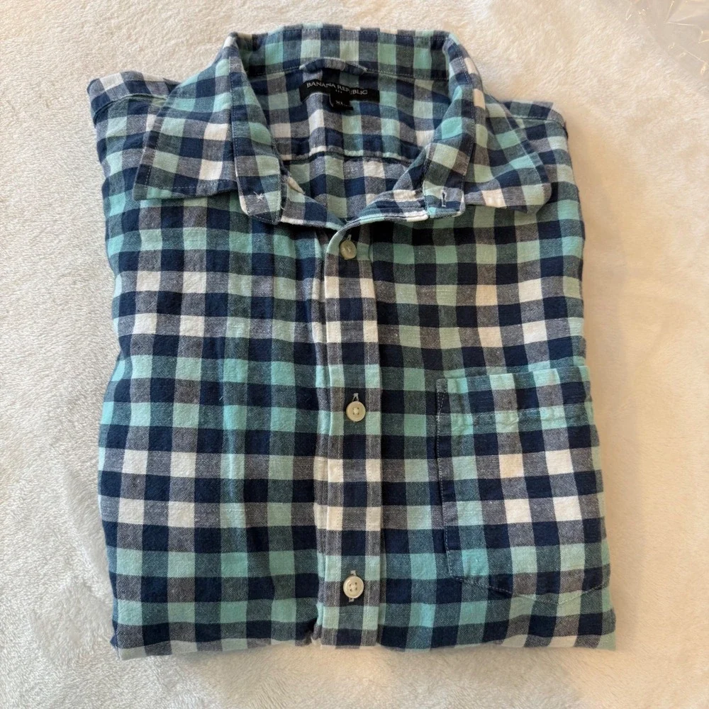 Banana Republic‎ Mens XL Blue Green Plaid Short Sleeve Button Up Shirt Linen